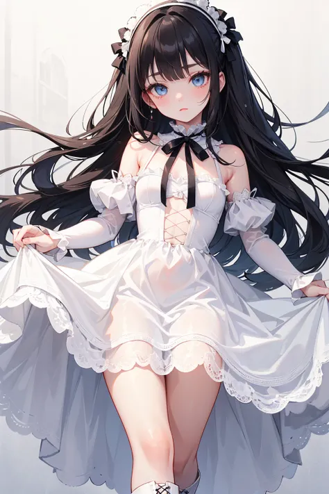  has long, dark hair ， with warm blue eyes  ，Black eyebrows、Clear and bright eyes，The lines of the facial features are soft and graceful，Cold and elegant，Refined spirit，There is no flaw at all。 The skin is white and red ，Wearing a white Lolita dress， white...