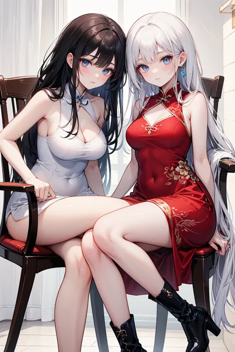  has long, dark hair ， with warm blue eyes  ，Black eyebrows、Clear and bright eyes，The lines of the facial features are soft and graceful，Cold and elegant，Refined spirit，There is no flaw at all。 The skin is white and red ，The bright red cheongsam-style nigh...