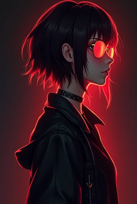 Muchacha de cabello, castaño, corto pero no tan corto, desordenado con lentes redondos de sol color rojo, con aretes de aros color dorado y una gargantilla negra. Estilo anime foto de perfil estilo cyberpunk con fondo oscuro