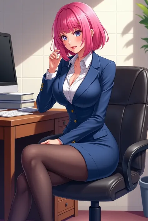 Director Iwa, a woman with big breasts, pink wig, blue suit, skirt, socks, tights, high heels, business, work, cute girl sitting in a chair