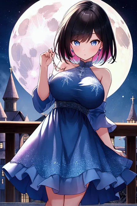 Full body image, night, ((1. Adult women)), alone, Adult women, Baby Face, masterpiece, 8K wallpaper, High resolution, Absurd, High Quality Backgrounds, Short Hair, Black Hair, Multicolored Hair, Big Breasts, Slim body, Beautiful frozen village, (Bright fu...