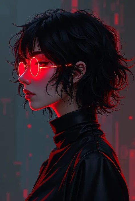 Muchacha de cabello, castaño, corto pero no tan corto, desordenado con lentes redondos de sol color rojo, con aretes de aros color dorado y una gargantilla negra. Estilo anime foto de perfil estilo cyberpunk con fondo oscuro