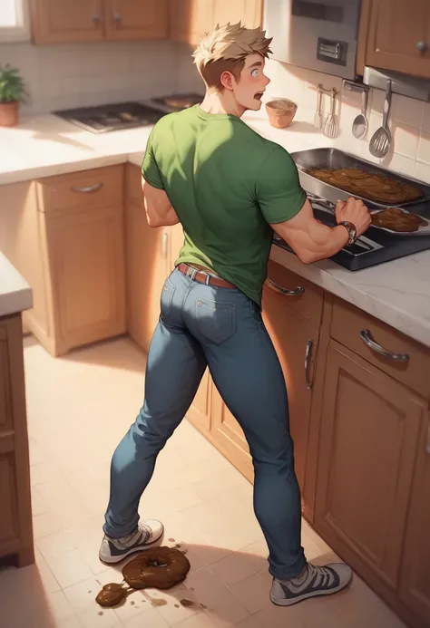 A muscular teen boy, age 12, younng face, he is starting defecating non stop at his pants, shocked expression, there is poop at the ass, at kitchen, floor full with poop