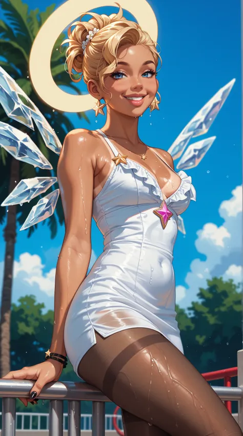  black nails ，（ can clearly see the tan lines），（sunburned skin ）、（ oily skin ）、（steam），Best picture quality，Missy，Orcs，Thick lips，Fake Smile，Color hair ，Halo， summer dress，wet pantyhose ，Ice wings， close to the viewer， pull hair ，rail，Silhouette， star ange...