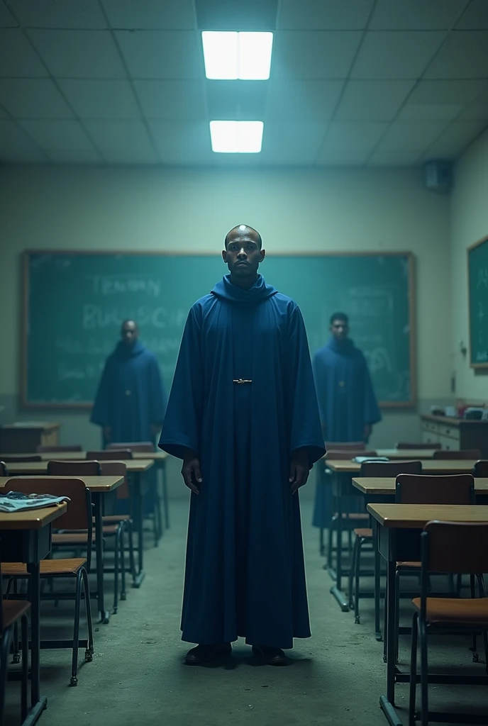 A monk wearing a blue robe stands in a scary classroom and the men leave the classroom. 