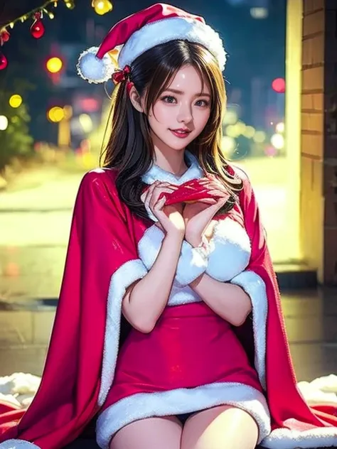  realistic pictures,  top quality,  beautiful thighs 。Festival Girl,  cheerful smile,  Red Velvet Cloak ,  White Fur Trim ,  Black Ribbon Bows , santa style costume, Holiday Themes , Playful pose,Chibi,  Sparkling Snowflake Decorations,  Vivid and Warm Atm...