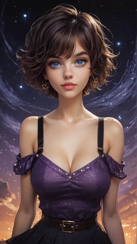 Please create an image of a young noodist woman with charming freckles, dressed in a revealing outfit with short blonde hair in a punk style and mesmerizing gray-blue eyes. Her slender body with rounded hips and expressive nippeles hints at sensuality. Tin...