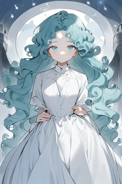 1 girl, long and slightly chestnut curly hair, baby blue eyes, white robe and shes leaning against the back of a girl with long back hair, sea green eyes, white polo shirt, navy blue skirt, 