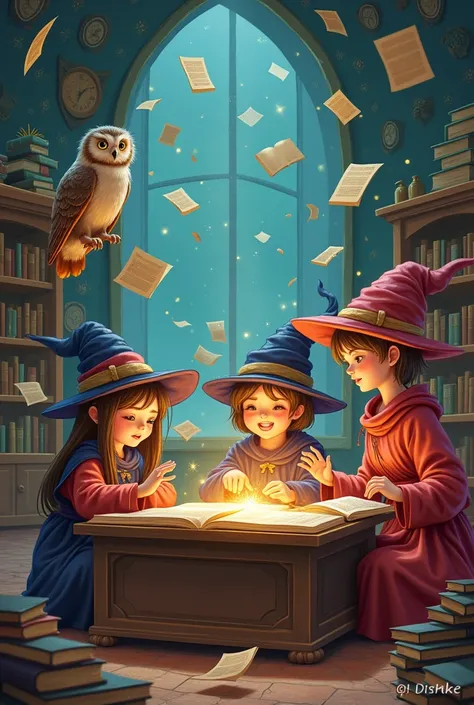 A group of ren learning spells in a whimsical classroom, with books floating in mid-air and a friendly owl perched on a desk.
