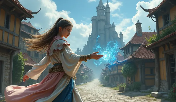 
fantasy,  girl , magic, medieval outpost , street, magicians tower,  Realistic 