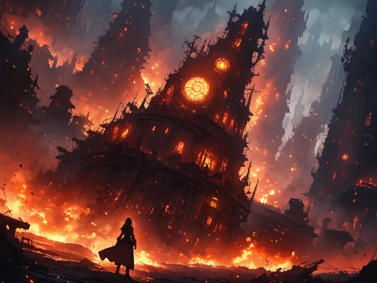 (highest quality, 8K, masterpiece, ultra detailed), 
anime-style, steampunk fantasy world, 

a towering "Dark Tower" in the distance, shrouded in dark clouds and glowing with ominous red lights, 

1girl, a young female adventurer, sitting by a campfire in ...