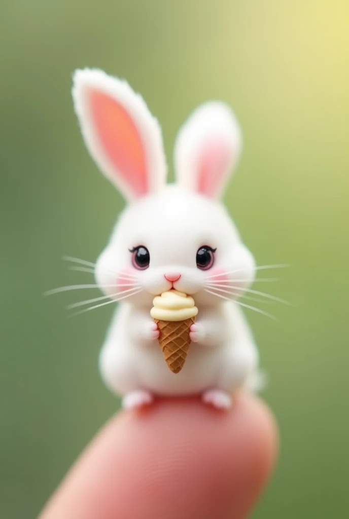 There is a little bunny on the finger ， Little Minzis body is the size of a nail cover ，White furry， It holds a small object similar to ice cream in its mouth。Natural background blurry ， to highlight the cute image of Little Minzi 。 a clear cute image of a...