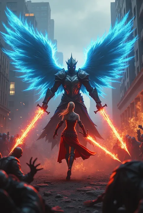 Knight with Phoenix wings and two swords with blue fire accompanied by Harley Quinn condis swords red fire swords and a Phoenix bird tattoo fighting zombies 