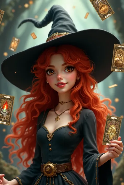 Red haired brown eyed witch in witch hat with tarot looking disney picsar