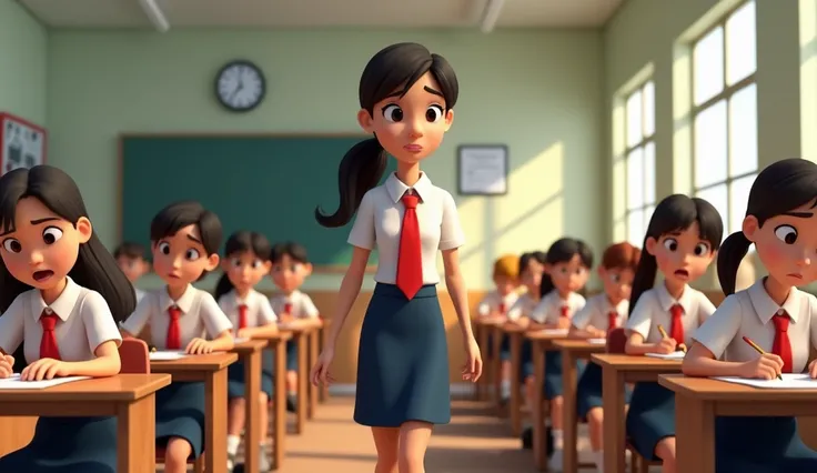 ayesha wearing their school uniforms, a white shirt with a navy blue skirt, and a red tie. Ayeshas hair is tied in a ponytail.Setting: The exam hall is quiet, with rows of students immersed in their exam papers. The atmosphere is tense, with the sound of p...