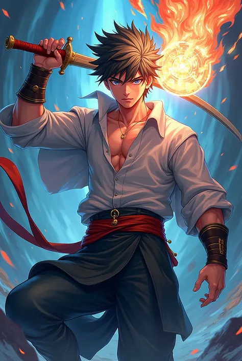 Anime male has magic, left hand holds sword, right hand holds magic