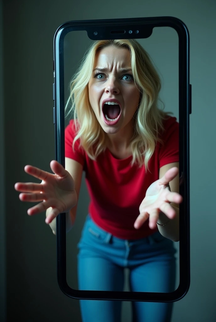 Mobile phone display on which is painted a beautiful blonde woman wearing a red T-shirt and blue pants, his face has a surprised and horrified expression,  hands as if she wants out of the picture , vysoké detaily tvare, cinematický štýl