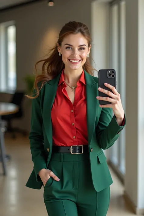  A woman with brown hair and ponytail, in the office, Selfie,  black pantyhose , green skirt,  black belt, red blouse,  green blazer  