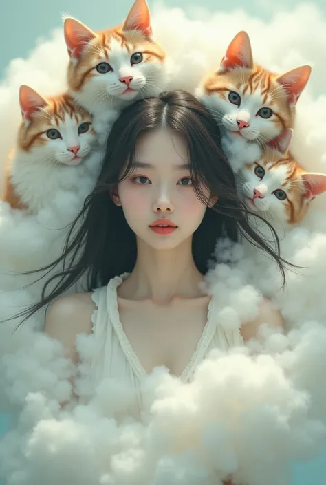 Centered, japanese woman in clouds, clouds made of head of cats, fluffy, soft light, zero contrast, blended, hairy fluffy atmosphere, purple pastel