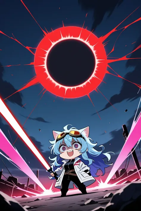 score_9,score_8_up,score_7_up,rating_rating,source_manga,masterpiece,best quality,hyper detailed,super fine illustration,8k,cinematic angle,BREAK 1girl,10yo,chibi,cat ears,messy hair,blue hair,long hair,crazy eyes,goggles,crazy smile,mens suits,white coat,...