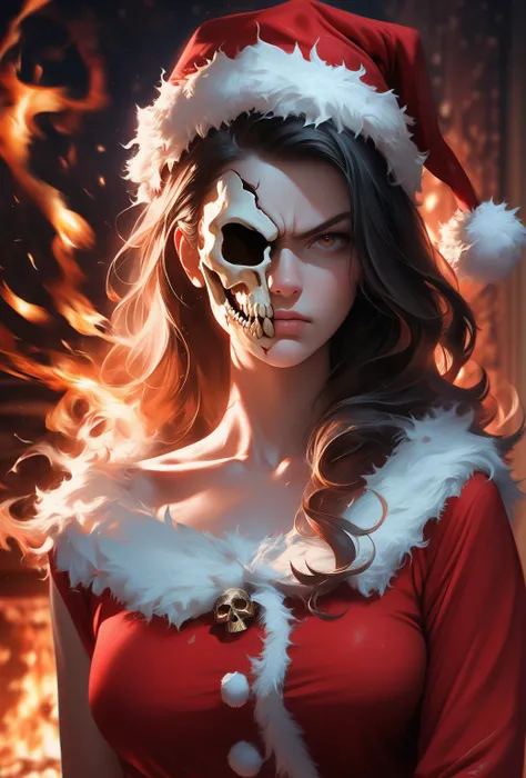 RAW Photo, Best Quality), (Realistic, Photorealistic Photo: 1.3), Best Quality, Highly Detailed, Masterpiece, Ultra Detailed, Illustration, , female, burning skull wear Santa Claus Hat, Burning Santas hat,,burning Santas shirt, burning eyes ,, hell fire ba...