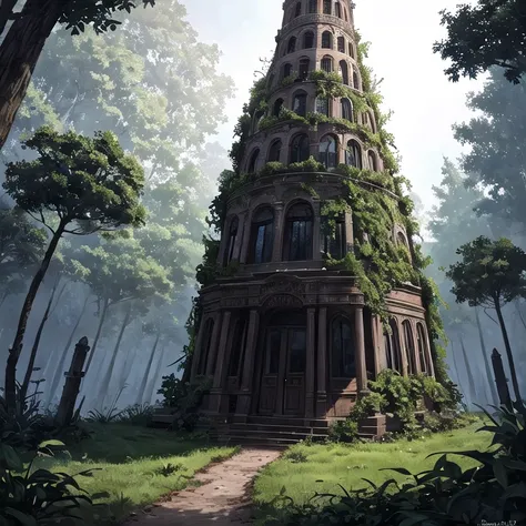 (masterpiece),
horror theme, dark tower, ivy, tree, no humans