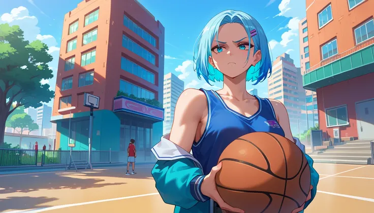 
game play adventure, in the foreground anime girl playing basketball in the open court, outdoor, large buildings in the background, and blue sky, urban city environemnt,  other players getting amused with her play, vibrant colors, high details, game scene...