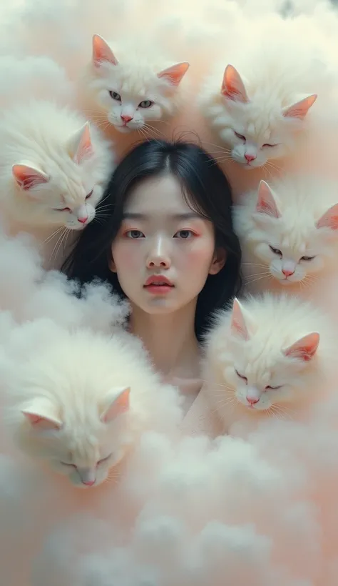 Centered, japanese woman in clouds, clouds made of head of cats, fluffy, soft light, zero contrast, blended, hairy fluffy atmosphere, purple pastel