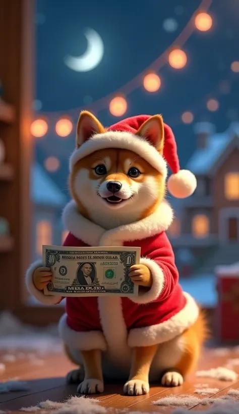 Realistic. Photorealistic. Image is vibrantly colored.
photo,Highly detailed

A Shiba Inu dog sitting on the floor holding a Japanese 1,000 yen bill in its front paws,
wearing a Santa Claus hat,
wearing a Santa Claus costume,

In the background, Santa Clau...