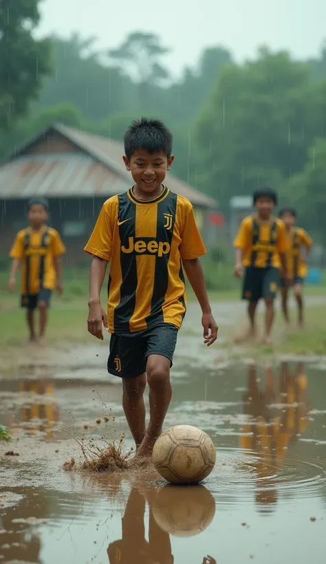 create ultra HD images in Japanese cartoon 4D anime style, depicting Indonesian ren aged around  playing football barefoot on a muddy field full of puddles during heavy rain in the 1990s atmosphere. 90s photo filter effect, with old-school Juventus costume...