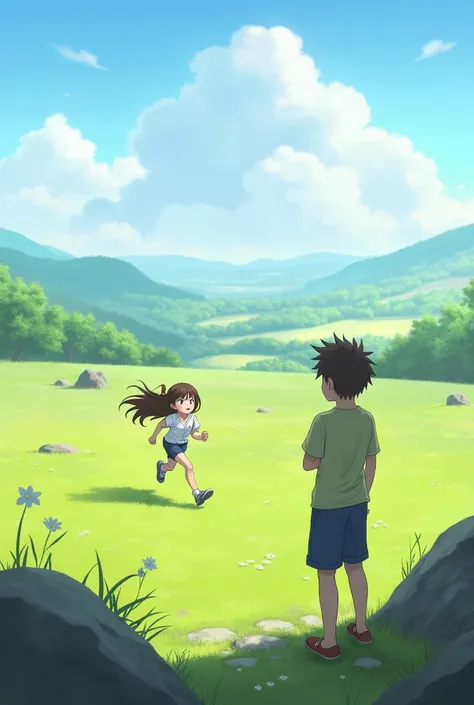 A girl running on the ground and a boy staring at the stand,