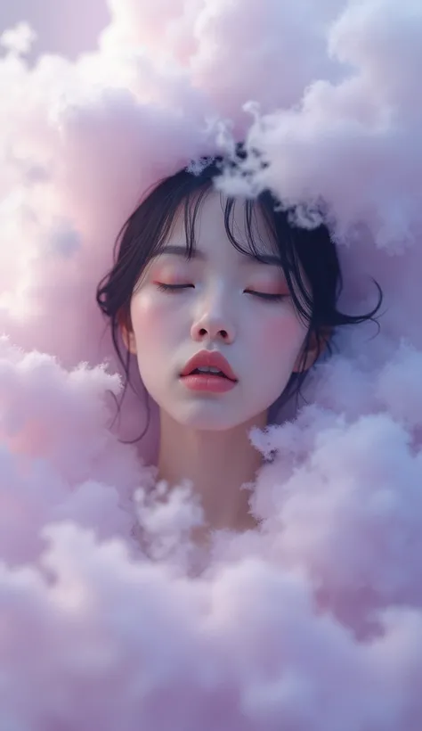 Centered, japanese woman in clouds, clouds made of head, fluffy, soft light, zero contrast, blended, hairy fluffy atmosphere, purple pastel