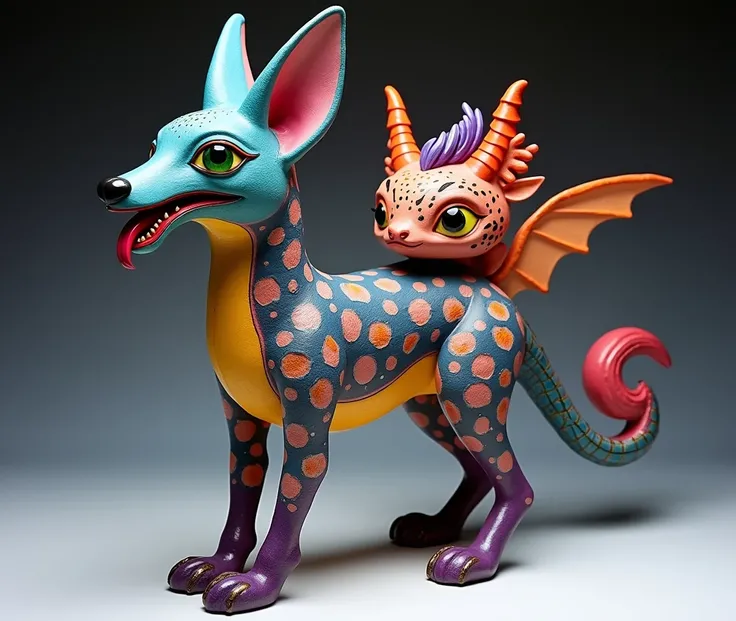 An alebrije with a blue wolfs head ,  green eyes and red snake tongue , lilac lynx ears ,  front legs of a fox with the typical gradient from red to black ,  okapi hind legs ,  pink tail shaped like that of a golden fish ,  purple bat wings ,  yellow piece...