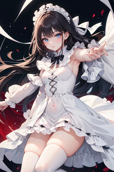  has long, dark hair ， with warm blue eyes  ，Black eyebrows、Clear and bright eyes，The lines of the facial features are soft and graceful，Cold and elegant，Refined spirit，There is no flaw at all。 The skin is white and red ，Wearing a white Lolita dress， white...