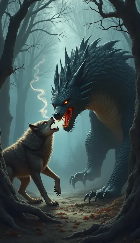 Angry wolf And dragon in a dark forest