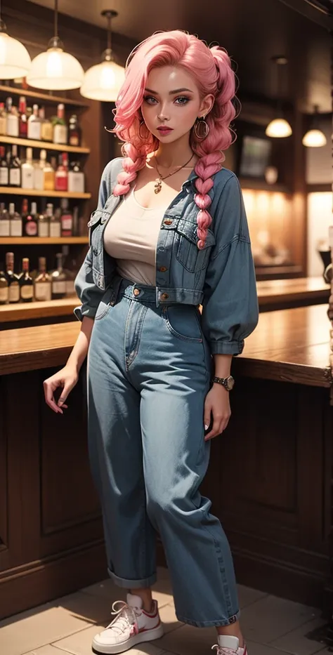  high definition ,  better quality ,  High detail,  high quality , full length ,full frame, Full-length girl , pink hair , Low Double Braids, Breasts, earrings,  blue eyes , makeup, scarlet lips,  denim jumpsuit , white sneakers ,Posing in front of the bar...