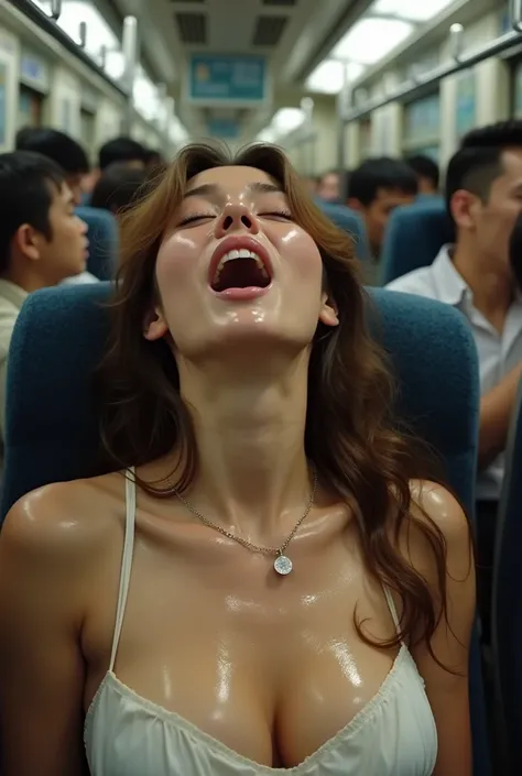  beautiful brown-haired woman , Commuter trains in Japan,Crowded car interior,  jacket over a white shirt with a broad chest , (( head back break screaming orgasm)) ,  sharp focus with eyes closed  , ( 8K Ultra HD :0.8),  ultra detail ,  RAW amateur photo ...