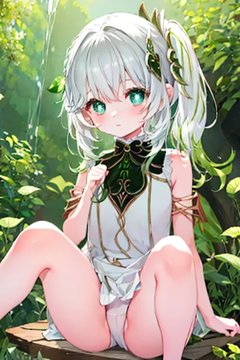  girl、Young、 small、Lori、１people、Baby Face、 R twin tail 、 hair color white yellow green 、Eye color light green 、 small子、 short、Clear色、A lively 、Sit on a wooden swing、Clear、Both hands on thighs、 very cute beautiful curve、Bright room 、A room full of greenery、...