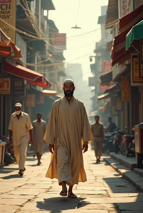 A Muslim man is walking down the street