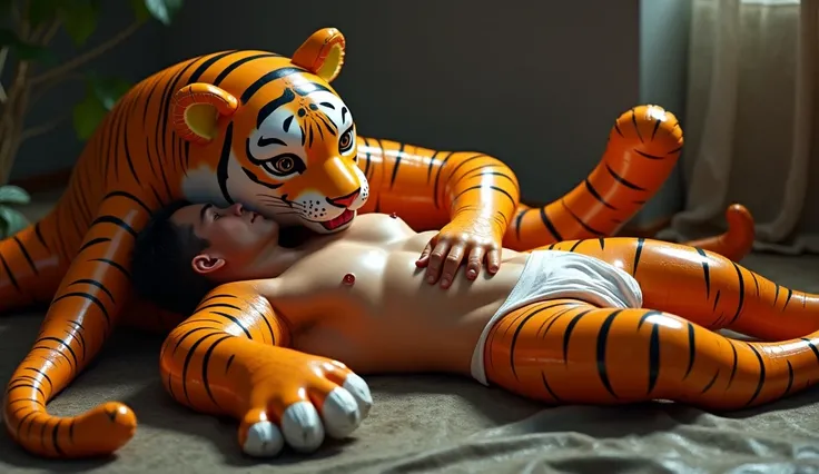 full body image of man laying down getting encased by a shiny living stretchy latex inflatable zootopia tiger blob costume made of latex slime skin stretching around wrapping his body in simba slime extremely sexually pleasuring him, tiger has ahegao smile...