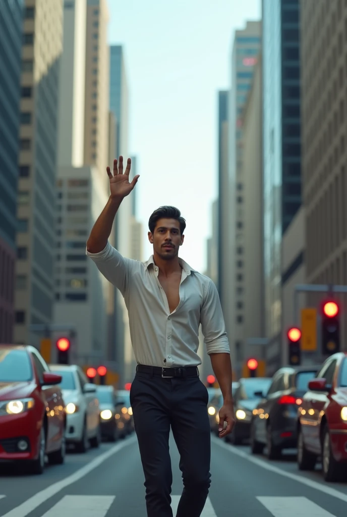 Tall pale skin asian guy cross road by raising his hand at the cars stuck at traffic.he is Handsome with abs.