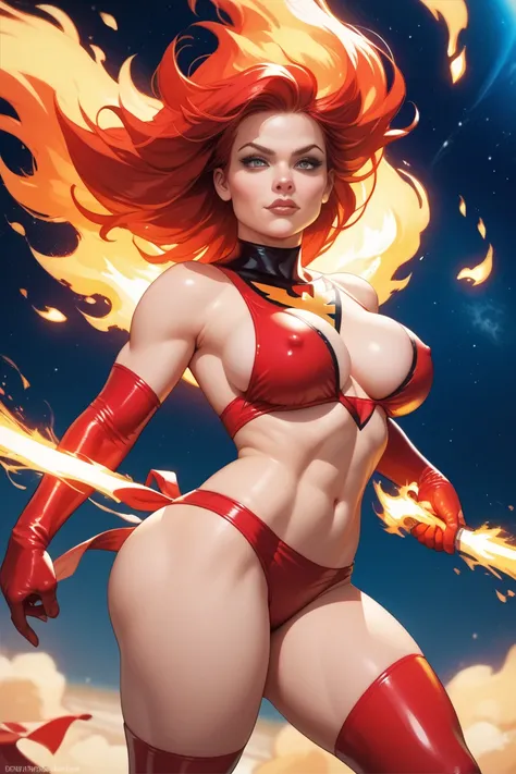 Superheroine flying in space,red bikini,fire wielding powers,burning aura,thigt suit,deep cleveage,big tits,big ass,bright face,bright image,very sexy