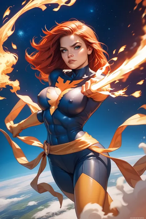 Superheroine flying in space,fire wielding powers,burning aura,thigt suit,deep cleveage,big tits,big ass,bright face,bright image,very sexy,detailled abs