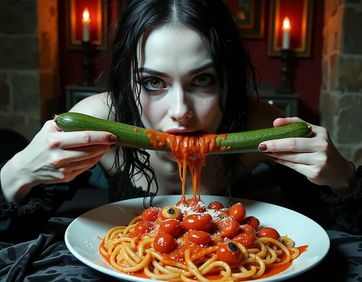 Gothic vampire girl licking tomato sauce an melted butter off a long zucchini, looking at viewer, in a bed with black velvet linen, stone floors, tapestries, candles, intricate, European horror movie aesthetic, fumetto style, HD, 8x, lurid vivid colors, da...