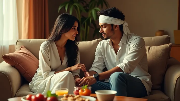 A sexy young girl in kurta-jeans is sitting on a sofa in a house and talking to a handsome young boy in shirt with white band on his head and breakfast on table, realistic cinematic art, 4K ultra HD quality, High Resolution, 