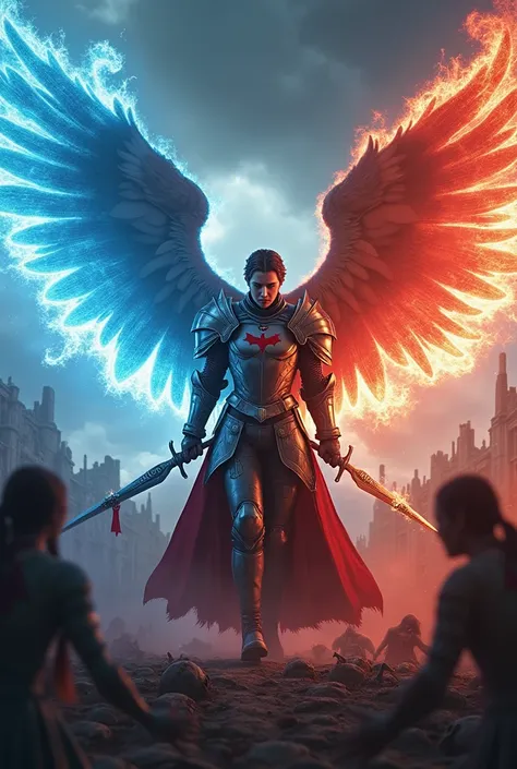 Knight with Phoenix wings and two swords with blue fire accompanied by Harley Quinn at his side with two swords red fire and a Phoenix tattoo wrapped in fire fighting against zombies 