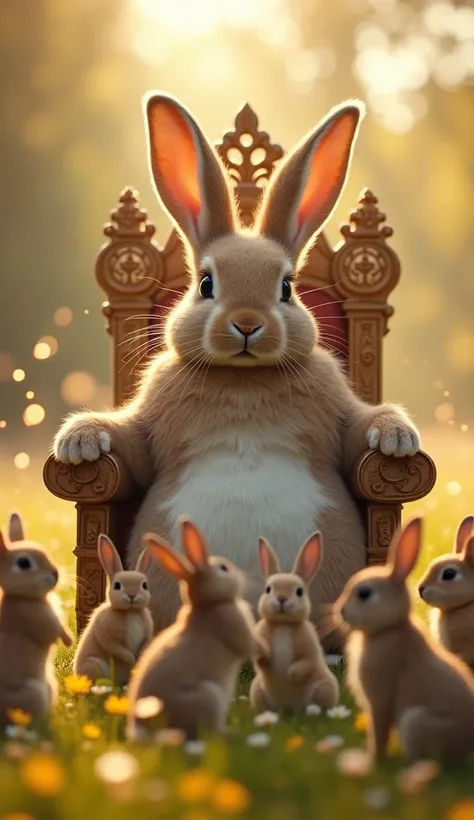 In a mystical meadow bathed in soft golden light, a group of lively rabbits gathers around a colossal rabbit seated majestically on an ornate, legendary chair. The giant rabbit, with fur as soft as clouds and ears towering like banners, sits with a serene ...