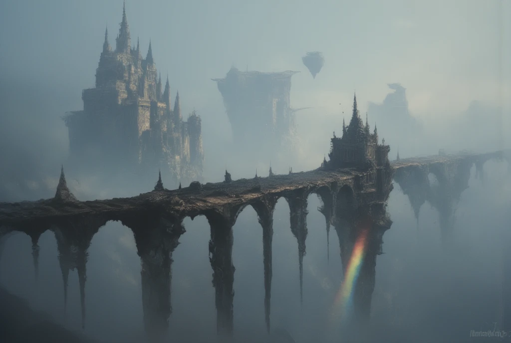 mist everywhere! very old bridge(floating in the sky, on the verge of breaking down, stretches far away to castle from the foreground) connected to an ancient castle floating in the sky. in the very deep thick fog and very deep thick haze. Dazzling light p...