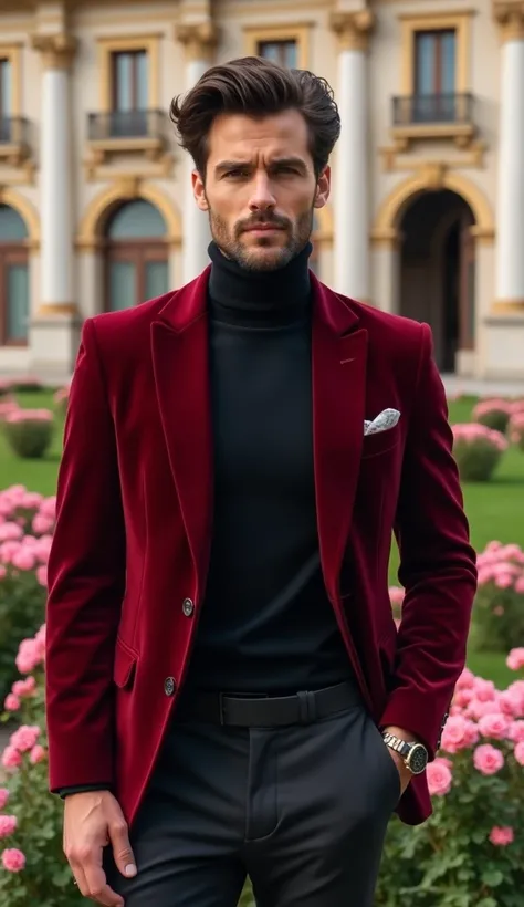 Madrid
A charismatic man with warm, tan skin and dark, wavy hair, wearing a tailored crimson velvet blazer over a black turtleneck and fitted trousers. He stands in front of the Royal Palace of Madrid, surrounded by blooming rose gardens. His stance is ele...