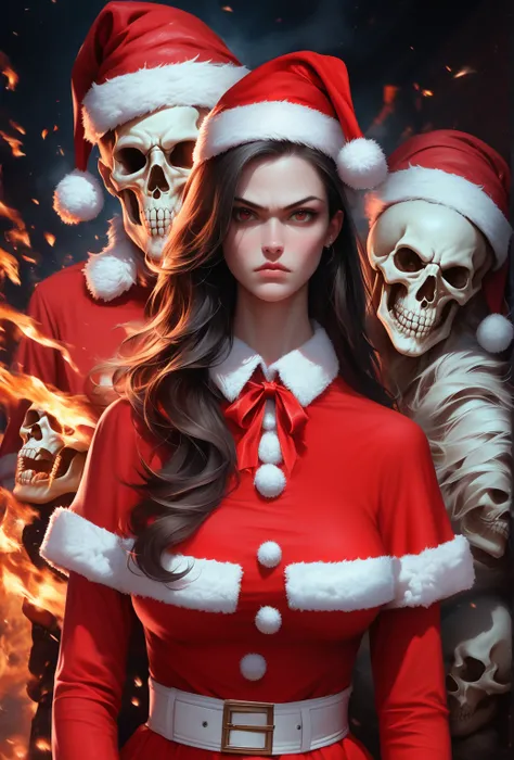 RAW Photo, Best Quality), (Realistic, Photorealistic Photo: 1.3), Best Quality, Highly Detailed, Masterpiece, Ultra Detailed, Illustration, women ,women burning skull wear Santa Claus Hat, women burning Santas hat,,burning Santas shirt, burning eyes ,, hel...